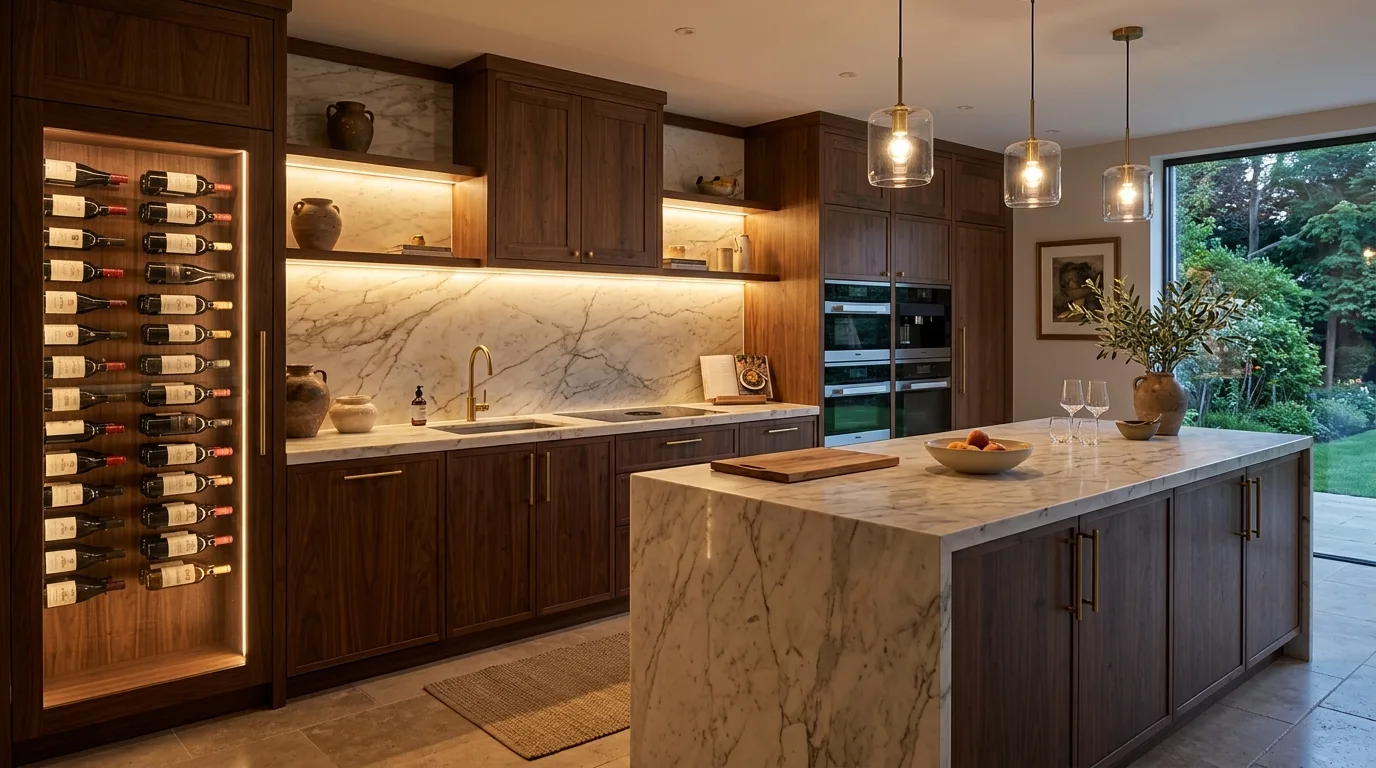 Let the island carry the strongest grain inspiration for a walnut kitchen.